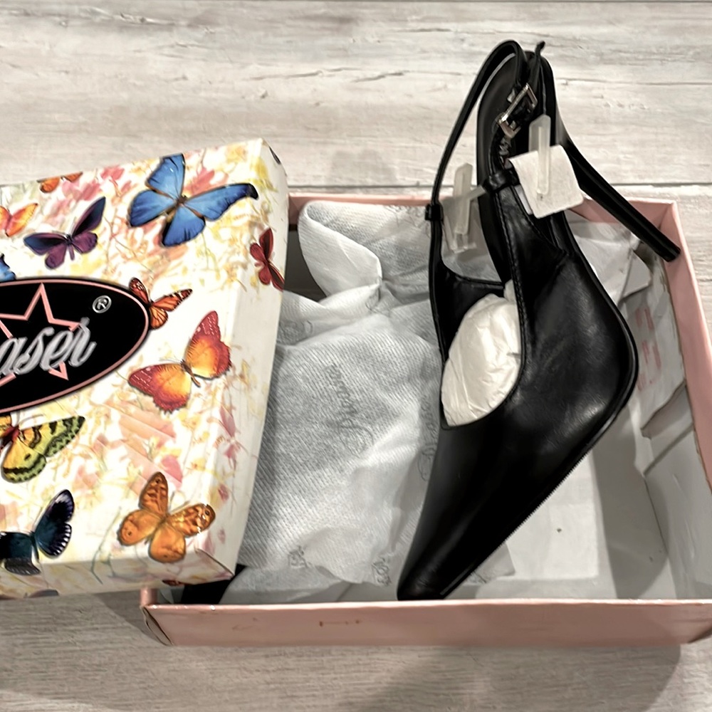 NEW Pleaser black leather heels in original box